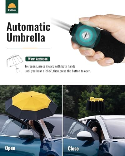 Chakipee Compact Travel Umbrella Windproof Strong- Automatic Folding Umbrellas for Wind and Rain, Double Vented Canopy 210T Fabric 102cm Span - 9 Ribs Portable Umbrella for Men and Women Yellow — view 2