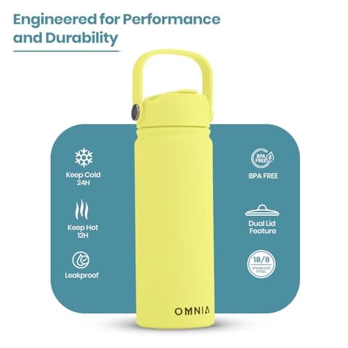 OMNIA NUTRIENTS Vacuum Insulated Stainless Steel Water Bottle, 2 Lids (Straw & Spout) Leakproof, BPA-Free, Reusable Flask Ideal for Travel and Outdoors (Mellow Yellow - 540 ml) — view 2