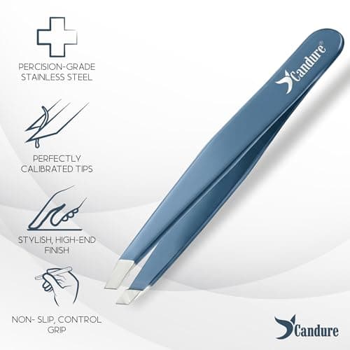 Candure Professional Slanted Tweezers for Men and Women – Precision Stainless Steel Tweezer for Brow, Chin, Facial Hair, Ingrown Hair & Plucking with Leather Pouch (Blue) — view 3
