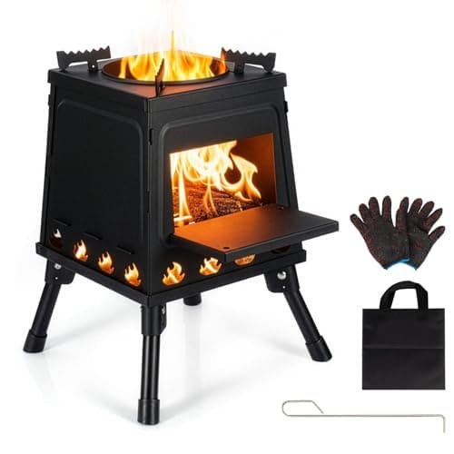 GreenWhim Heavy Duty Portable Camping Wood Stove Folding Alloy Steel Tent Stove for Backpacking Outdoor Cooking Survival Hiking Picnic BBQ