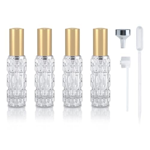 YoHyien 4 Pcs Travel Perfume Atomiser Refillable 10ml, Glass Perfume Travel Bottle, Portable Aftershave Atomiser Spray Bottle, Mini Fragrance Decanter for Handbag, Pocket, and Purse (Gold)