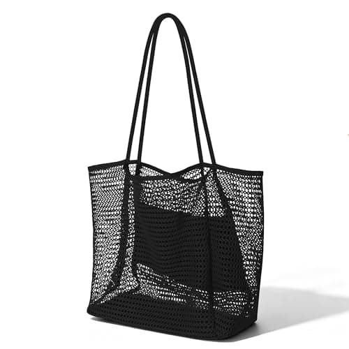 Poeruse Beach Mesh Tote Bag, Beach Bags for Women with Zip, 26L Mesh Handbags, Travel Shopping Handbag for Holiday (Black)