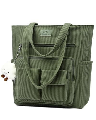 Micmores Corduroy Laptop Tote Bag for Women, 16 Inch Padded Work Bag with Zip, Aesthetic Multi-Pocket Teacher Bags for School Office Travel, Large Capacity Shopper Handbag (Green)