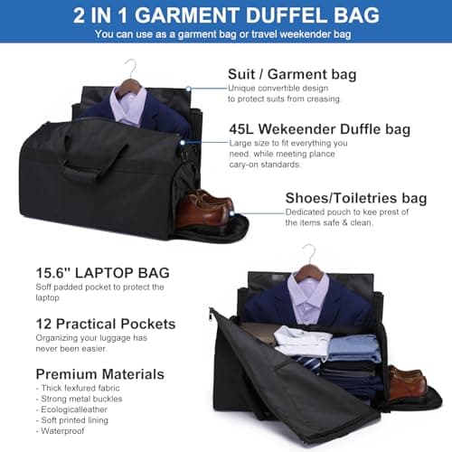 Travel Garment Bag Large Suit Bags for Men, Carry On Garment Duffle Bags for Travel with Shoes Compartment, Convertible Weekend Luggage Bags Hanging Suit Carriers for Men Women, Black — view 2