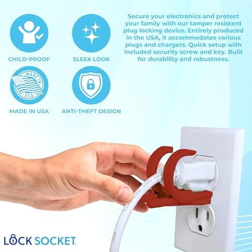 Lock Socket Adjustable Outlet Lock RED- Anti Theft Child-Safe Outlet Lock to Secure 2 or 3 Pronged Plugs & Adaptors. Secure Lock for Most Cords, Includes Security Screw & Allen Wrench. Made in USA — view 3