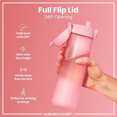 Ion8 Water Bottle, 500 ml/18 oz, Leak Proof, Easy to Open, Secure Lock, Dishwasher Safe, BPA Free, Hygienic Flip Cover, Carry Handle, Fits Cup Holders, Easy Clean, Carbon Neutral, Rose Pink — view 4