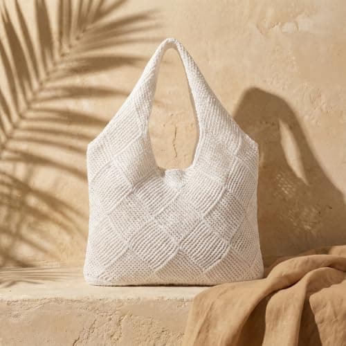 Solvio Crochet Beach Bag for Women, Retro Hollow Out Knit Bag, Mesh Tote Bag, Lightweight Woven Shoulder Handbag for Holiday Travel Shopping Daily Use (White) — view 3