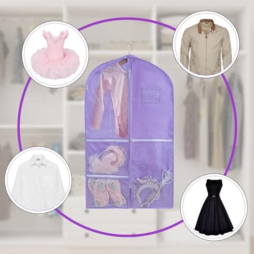 Dance Costume Garment Bags, 40" Hanging Dance Costume Garment Bag Kids Garment Bags with 3 Zippered Pockets,Clear Dance Dress Costume Cover Bag,for Dancer Girls Competition Travel,1 Pack,Purple — view 5