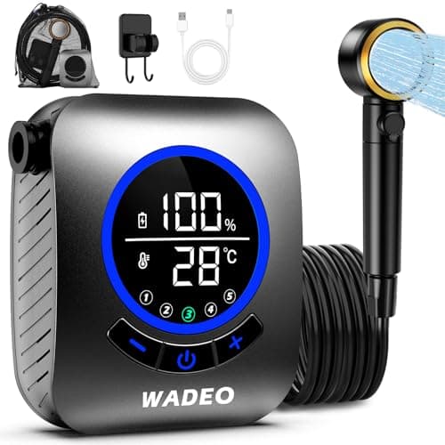 WADEO Portable Shower, [Premium] [8000mAh Ultra-Long Battery Life] Large Display, Rechargeable Shower Pump, Outdoor Shower Kit for Camping, Beach, Pet, Travel, Car (Silver)