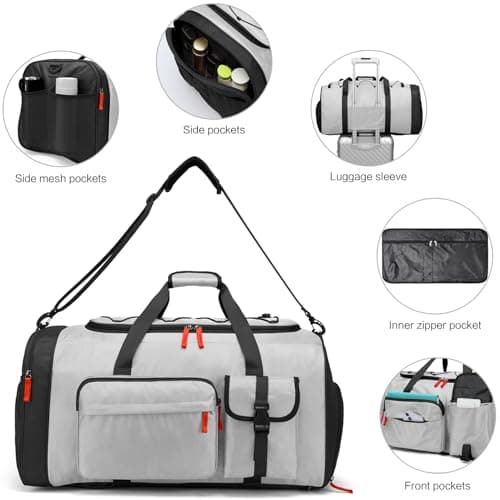 Lyweem Large Duffle Bag Backpack for Travel, 70L Heavy Duty Gym Duffel Bag for Men Women with Shoes Compartment, Sports Holdall Backpack for Weekend Overnight Traveling, Grey — view 5