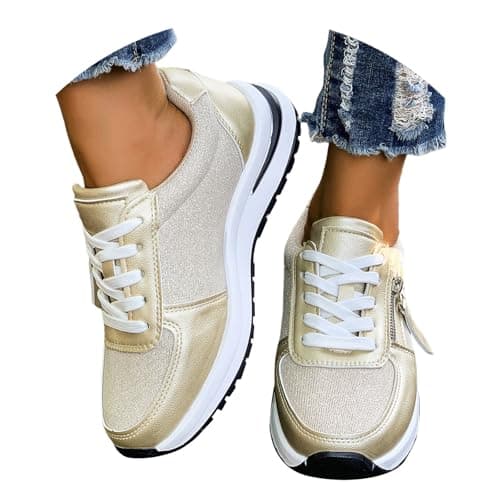 Womens Gym Trainers Wide Fit Womens Orthopedic Trainer with Arch Support Cushion Memory Foam Wedge Trainer Running Shoes Non Slip Platform Walking Sneakers Sport and Outdoor Shoes Gold 6.5 — view 2