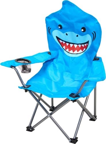 Envenzo Kids Folding Camping Chair, 4 Assorted Animal Designs, 600D Polyester, with Cup Holder and Security Lock, 35x35x60cm (1, BLUE)