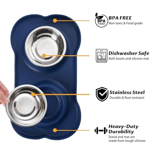 Hubulk 2 Stainless Steel Pet Dog Bowls with No Spill Non-Skid Silicone Mat + Pet Food Scoop Water and Food Feeder Bowls for Feeding Small Medium Large Dogs Cats (Medium, Navy Blue) — view 2