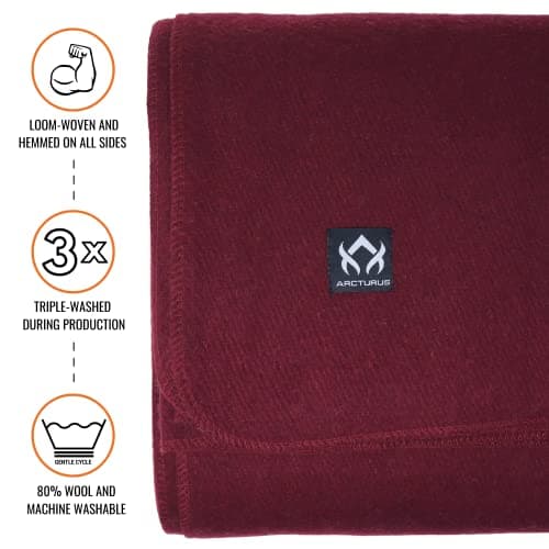 Arcturus Military Wool Blanket - 4.5 lbs, Warm, Heavy, Washable, Large 64" x 88" - Great for Camping, Outdoors, Survival & Emergency Kits (Wine) — view 2