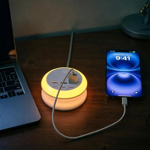 6-Port USB Charger with 8-Color Night Light, Retractable USB Extension Lead, Multi-Device Charging Hub with Safety Switch, Compact Power Strip for Home Office Bedroom Travel — view 3