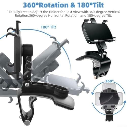 Car Dashboard Phone Holder Clamp with 360° Rotating, Curved Base Clip Mount for 3-7in Smartphones and GPS Devices, Non-Slip Soft Pad Protection, Easy One-Handed Operation in Black — view 4