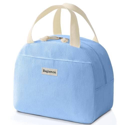GODWOODS Corduroy Lunch Bag with Cotton Webbing Handles - 6.65L Thermal Insulated Food Tote, Leakproof Reusable Meal Prep Container for Office, Picnics & Travel (25x14x19cm) (Light Blue)