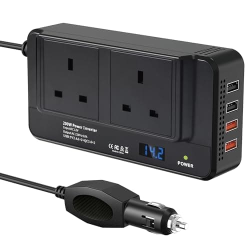 200W Portable Car Power Inverter 12V to 230V DC to AC Converter with Cigarette Lighter Plug, 2 AC Sockets 4 USB Ports Fast Charging LED Digital Display Multiple Protection for Camping Road Trips