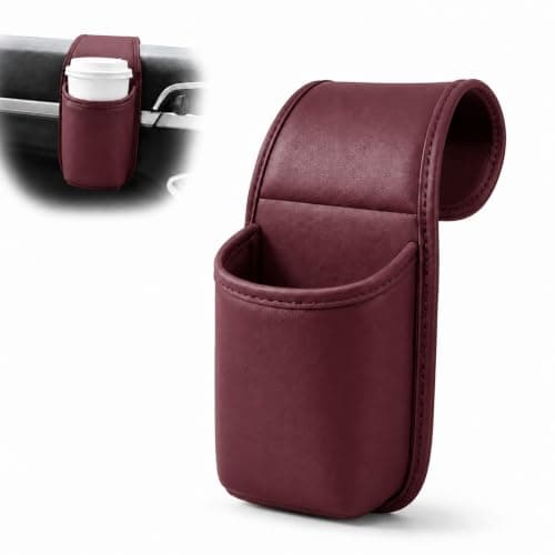 Leather Car Door Cup Holder, Window-Mount Drink & Phone Organizer (Red)