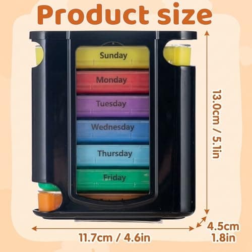 Weekly Pill Box 7 Day, Pill Organiser 4 Times a Day, Compact Portable Medication Case for Home and Travel Use, 28 Large Compartments for Vitamins & Medicine for Elderly Men Women Rainbow — view 2