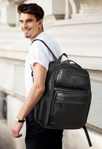 tiamyi Vegan Leather Backpack, 40L Expandable Carry On, TSA Travel Backpack for Men and Women, Fits 17.0 Inch Notebook with Luggage Strap and USB Port, Black — view 2