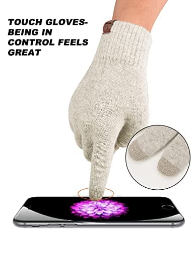 Niwicee Winter Gloves Warm Knitted Touch Screen Gloves Wool Thermal Gloves Cold Proof Mittens with Elastic Windproof Cuff for Men Women(Beige,Men) — view 3
