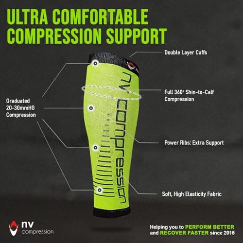 NV Compression Essential Race and Recover Calf Guards/Sleeves (PAIR) 20-30mmHg - For Sports Recovery, Shin Splints, Medical, Work, Flight - Running, Cycling, Gym (Fluo Yel/Black Stripes, S-M) — view 4