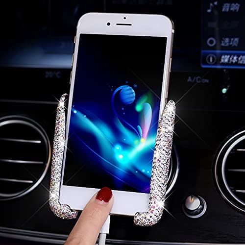 YoMaris Bling Mini Dash Air Vent Automatic Phone Holder, Universal 360° Adjustable Crystal Auto Stand, Car Accessories for Women and Girls (White) — view 2