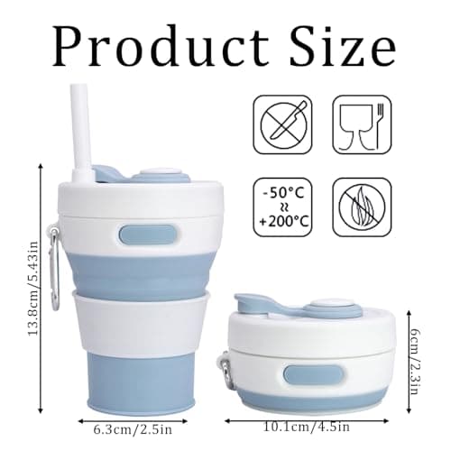 MOMAHUA 450ml/15oz Collapsible Coffee Cup with Lids,Light Blue Silicone Portable Water Cups,Reusable Coffee Mug,Foldable Camping Travel Cup Fits in Your Pocket,Folding Mug Collapses to 6cm — view 2