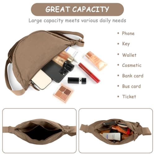 Aucuu Crescent Bag, Nylon Dumpling Bag for Women, Hobos Crossbody Bag with Adjustable Strap, Women's Casual Messenger Bag, Solid Color Chest Bag Shoulder Bag for Daily Use, Khaki — view 5