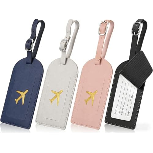 4 Pcs Luggage Tags, PU Leather Baggage Labels for Suitcases, Waterproof Luggage Tag with Address Name ID Card, Privacy Protection Cover, Travel Bag Accessories for Preventing Loss of Bags