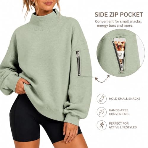 Womens Oversized Sweatshirts Mock Neck Pullover Long Sleeve Fleece Tops | Fall Fashion Outfits 2026 Clothes Comfort Soft Travel Casual Work Lounge Daily Outfit Light Green — view 6