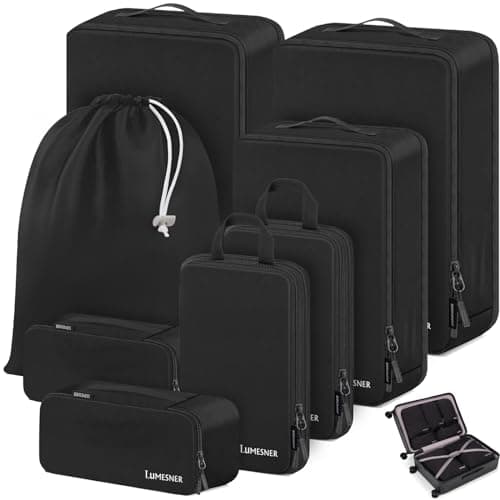 Compression Packing Cubes, Lumesner 8 Set Travel Essentials Packing Cubes for Carry on Suitcases, Compression Suitcase Organizers Bag Set & Travel Cubes (8-piece, Black)