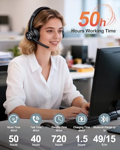 TechRise Bluetooth Headset Wireless Headset with Microphone Noise Canceling, 50H Playtime & Mute, Wireless Headphones with Mic Bluetooth On-Ear Headphones for Trucker Cellphone Office Call Center — view 4