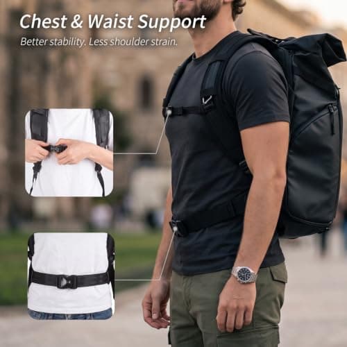 Besnfoto Camera Backpack, Waterproof Travel Camera Bag for Photographer Expandable Roll Top Photography Case for DSLR SLR Mirrorless Camera Fit up to 15.6 inch Laptop with Rain Cover — view 4