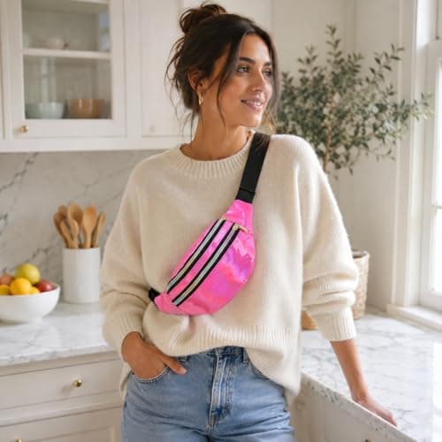 Fashion Metallic Bum Bag,Holographic Waist BagFanny Double Zipper Belt Bag Festival Rave Bumbags Waterproof Hip Pouch for Women Ladies Girls Travel Party Festival Sports Outdoor (Pink) — view 3