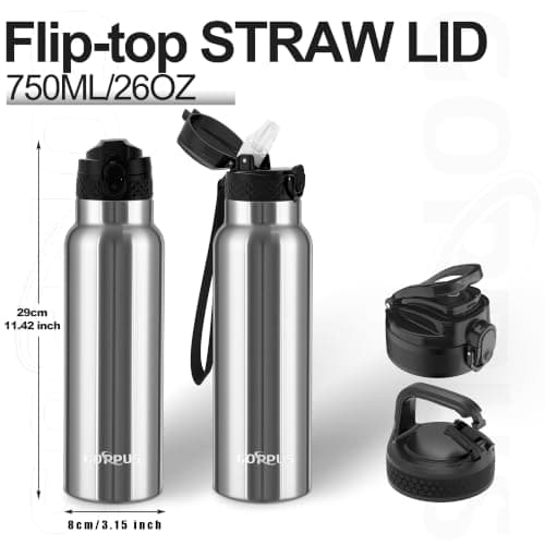 GOPPUS 750ml/26oz Stainless Water Bottle with Straw Double Wall Insulated Bottles with Strap Reusable Vacuum Thermal Flask Leakproof Keep Cold Drinks Bottles with Flip Top Lid BPA Free (Silver) — view 2