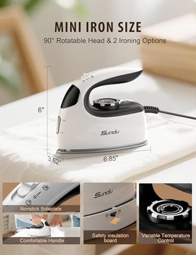 Sundu Mini Travel Iron with Steam,1000W Portable Steamer Samll Iron for Quilting & Sewing,300 Microsteam Holes,90ml water tank,lockable safety base,Digital Temperature Control-Black — view 2