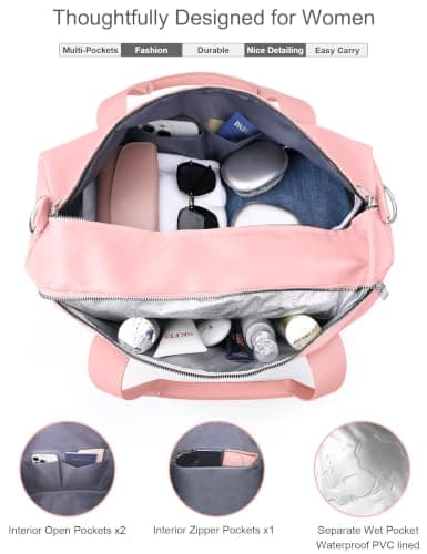 Gym Bag for Women,Pu Leather Handle,Dry Wet Separated with Shoe Compartment & Wet Pocket,Waterproof Duffle Bag for Travel Sports Fitness Workout Athletic (Pink,19"-Medium) — view 5
