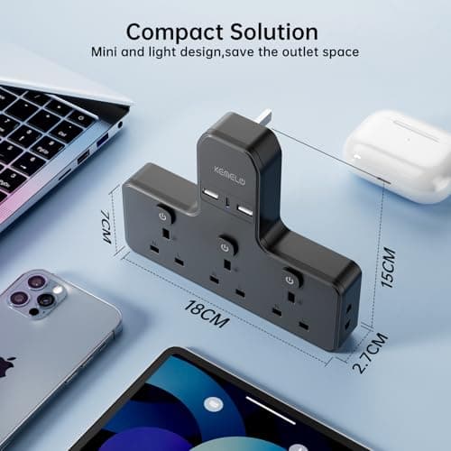 Multi Plug Adapter (3250W/13A), Plug Extension Socket with 3 USB, 3 Way Plug Adapter UK Built-in with Independent Switches,Wall Plug Extender for School Home, Kitchen, Office — view 6