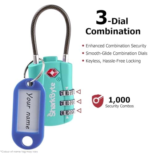 SharkByte Slim TSA Approved Luggage Locks, 3-Dial Security Travel Combination Padlock with Tags, Flexible Cable Wire Travel Lock, Suitcase Locks, Bag, Gym Locker, Small Padlock with Code (2 Pack) — view 5