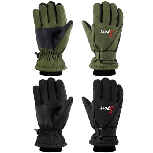 Jeere 2 Pairs Winter Ski Gloves Men Women Waterproof Snow Gloves Adjustable Snowboard Mittens for Cold Weather Men Women(Black,Military Green,M)