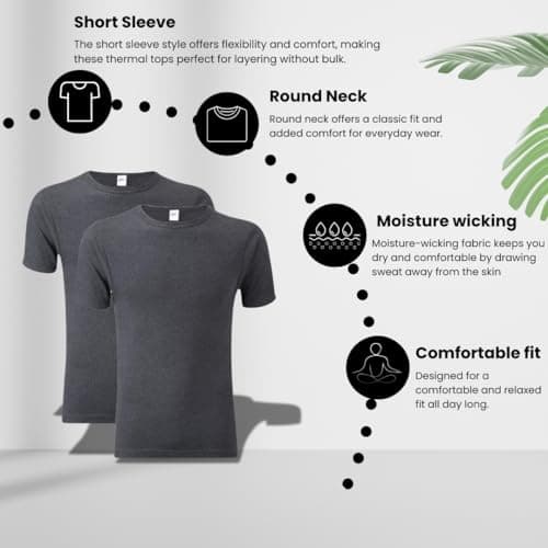 Crazy Fashion Pack of 2 Thermal Tops Men’s - Short Sleeve Plain Round Neck Mens Top Warm T-Shirt Underwear Baselayer Cotton Thermals (Dark Grey,Large) — view 3