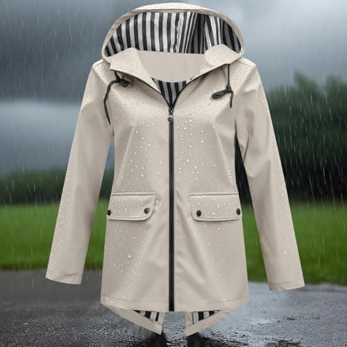 women's jackets Waterproof Jacket for Women Lightweight Windbreak Hooded Rain Coat UK Loose Casual Long Sleeve Water-resistant Raincoat Ladies Autumn Outdoor Hiking Wear Outfits Beige M — view 2
