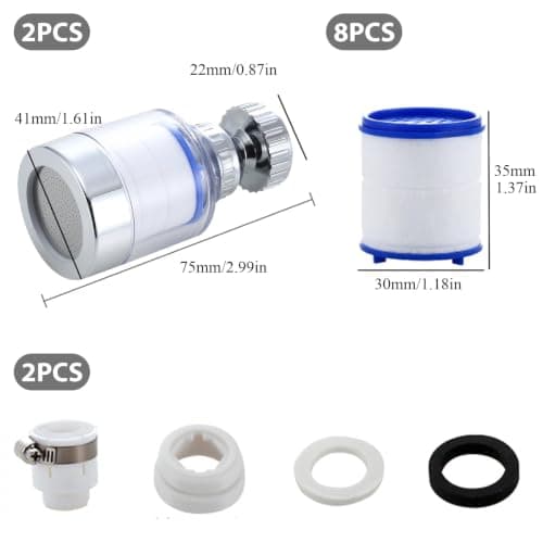 VZU Pack of 2 Tap Filters, 360° Water Filter Tap with 8 Filter Elements and Universal Adapter, Water Filter Drinking Water, Universal Adapter for Sink, Kitchen, Bathroom — view 2