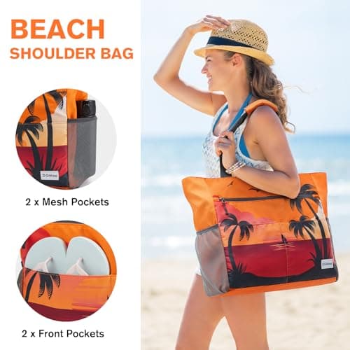 G4Free Large Beach Bag for Women Waterproof Sandproof Beach Tote Bag with Makeup Bag Zipper Pocket(Sunset Pattern) — view 5