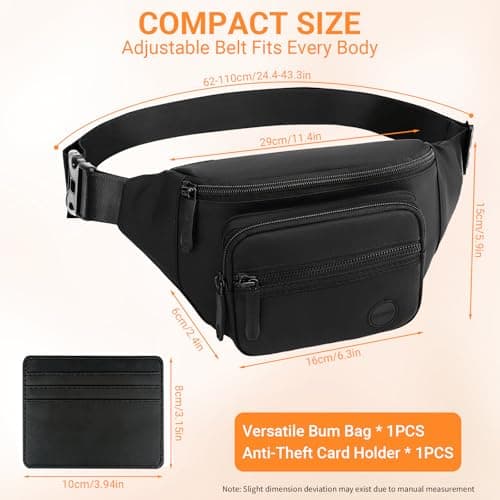 YINKIGI Black Bum Bag, Waterproof Bumbags for Ladies & Men with Card Holder — view 2