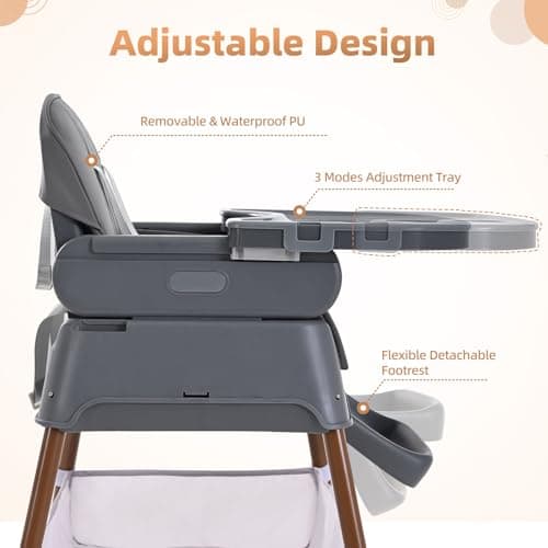 High Chairs for Babies and Toddlers, Adjustable Convertible 3 in 1 Baby High Chair, Portable Compact Baby Infant Feeding Chair Travel Highchair Booster for Toddler, from 6 Month to 3 Years Dark Grey — view 5