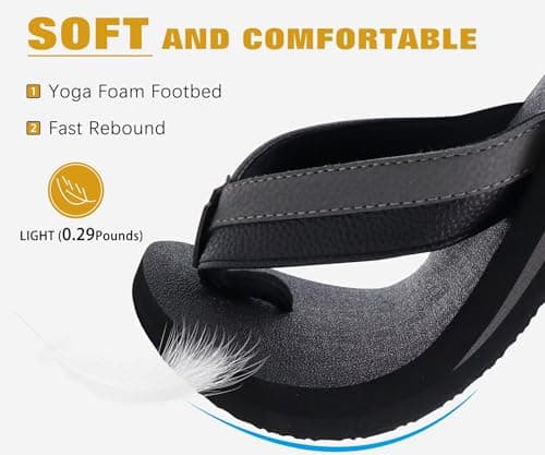 KuaiLu Leather Flip Flops Men Support Thong Sandals Shower Dark Black 9 — view 3