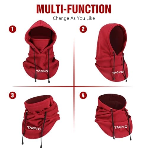 TAGVO Winter Thermal Fleece Balaclavas, Soft & Warm Adjustable Hood Hat Skiing Face Cover Face Mask Neck Warmer Snood Neck Gaiter for Running Skiing Cycling Motorbikes Hiking- Men & Women Wine Red — view 2